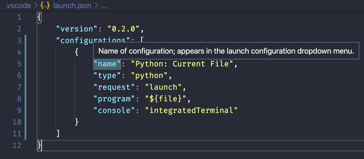 vscode launch.json intellisense on hovering configurations attributes